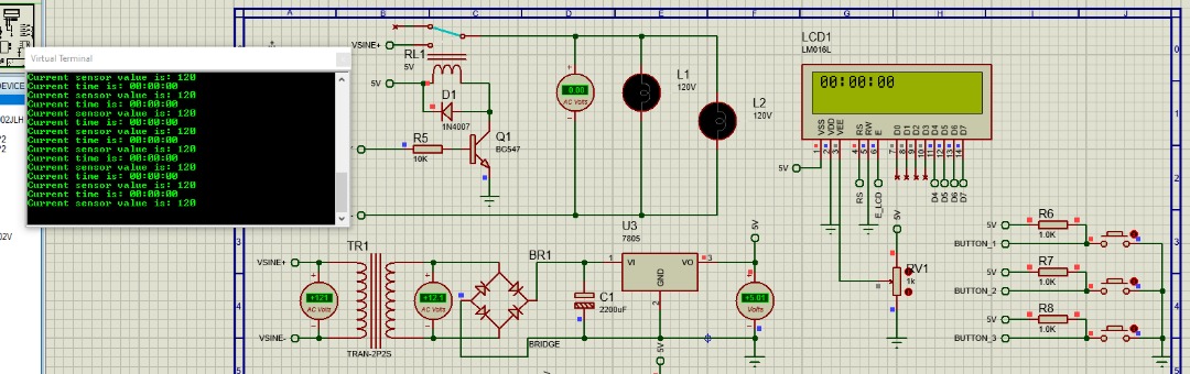 Proteus running the simulation: a virtual terminal printing repeated 'Current sensor value is: 120' and 'Current time is: 00:00:00' lines next to the powered circuit with the LCD showing 00:00:00