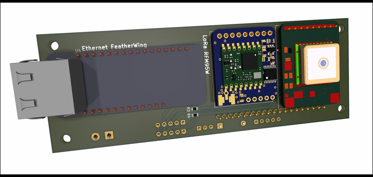 3D render of the Buoy B V2.0 PCB with the Adafruit Ethernet FeatherWing and its RJ45 jack, the RFM95W LoRa radio and the GPS module fitted