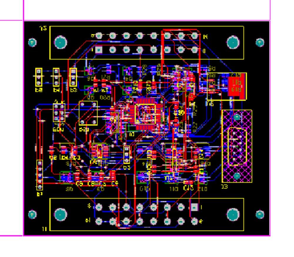 The PCB layout: a compact roughly-square two-layer board, MCU centred, the two harness headers along the top and bottom edges, the DB9 at right, four corner mounting holes
