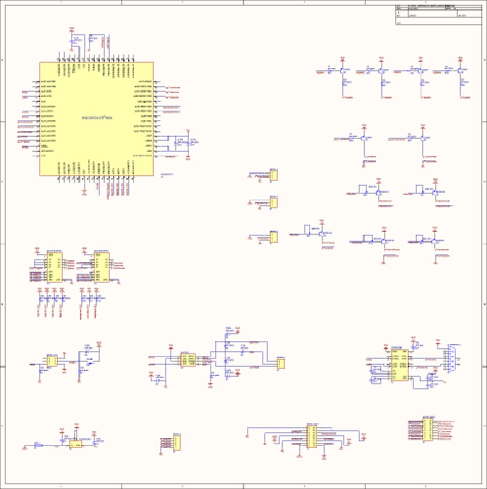 Schematic overview: the 64-pin MCU top-left, about a dozen identical transistor driver stages filling the right-hand side, the two tri-state buffers at mid-left, and the regulator, CAN transceiver and MAX232 blocks along the bottom with the connectors