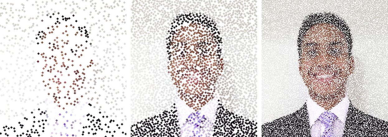 Three pointillized versions of the same small portrait crop, left to right after 1,000, 10,000 and 1,000,000 attempts: scattered sparse dots, then a recognisable face, then dense fine stippling