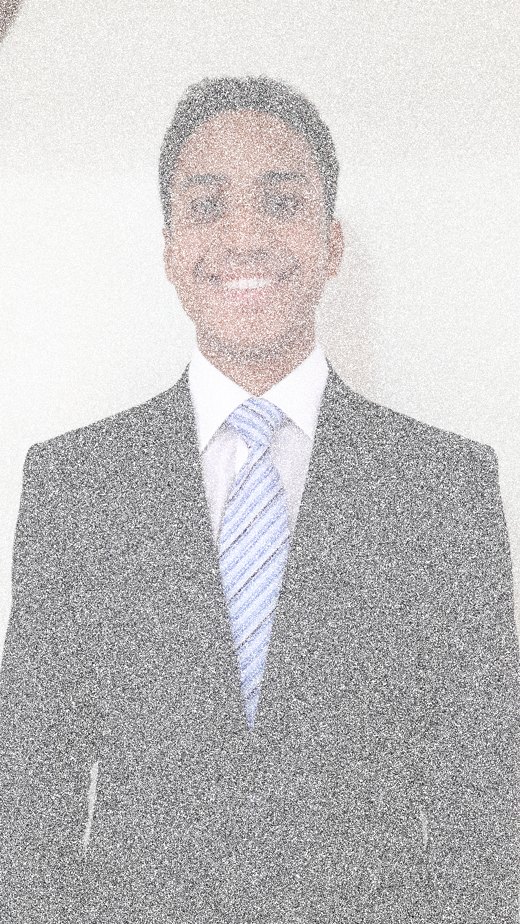 The portrait rendered as fine coloured stippling