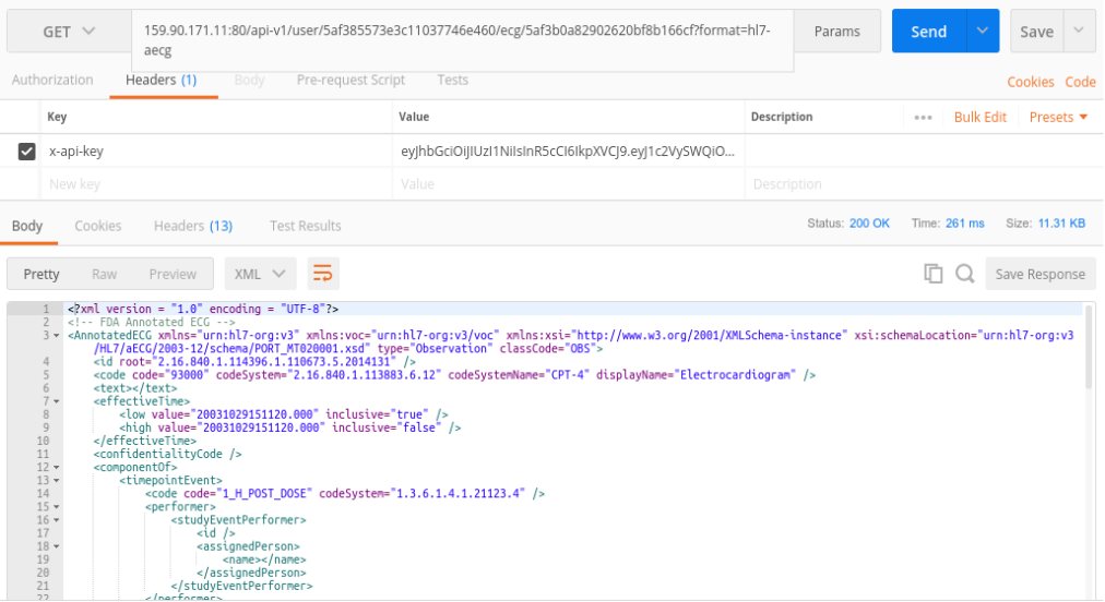 A Postman response showing a digitization result exported as HL7 annotated-ECG XML