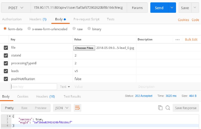 A Postman request uploading an ECG image to the digitization endpoint