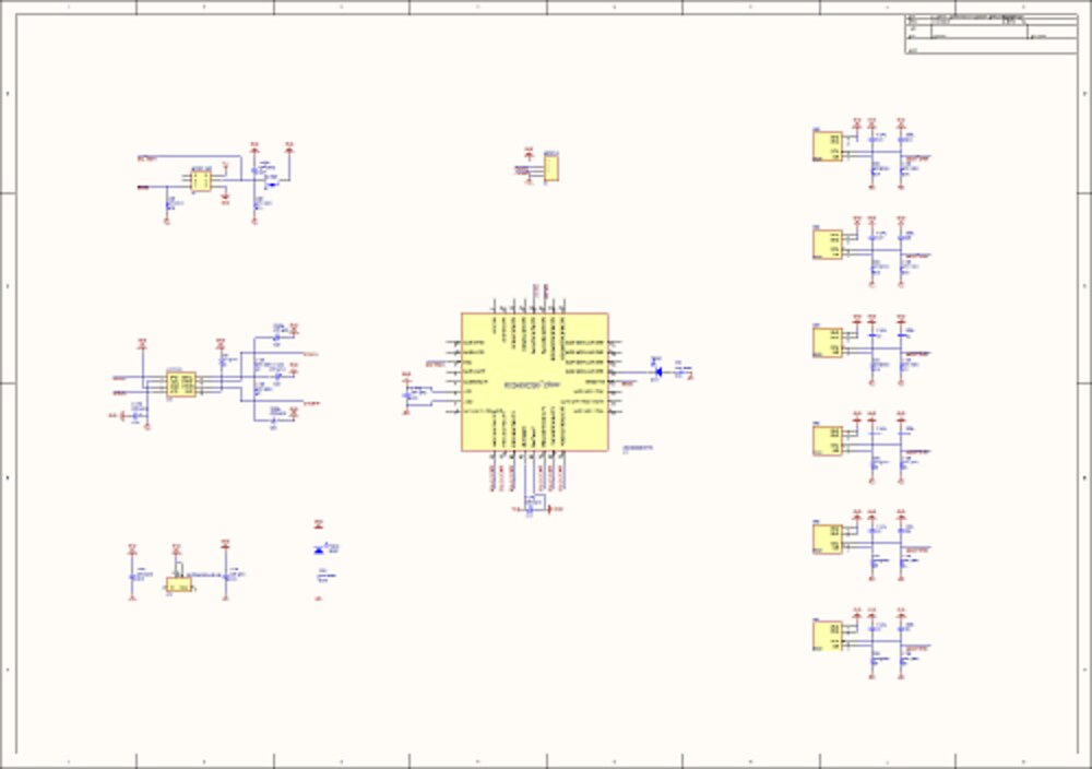 Schematic overview: the MC9S08DZ60 in the centre, the CAN transceiver and regulator with the power/CAN connector at left, and the six identical Hall-switch stages (each with a pull-up and decoupling cap) stacked at right