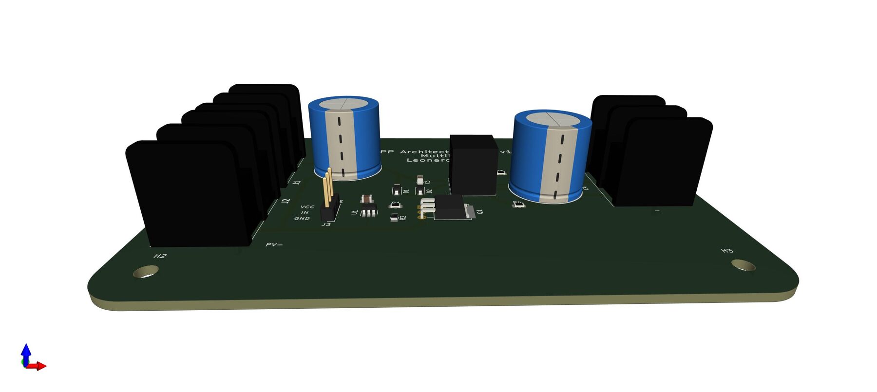 Perspective 3D render of the test board from the side, showing component heights