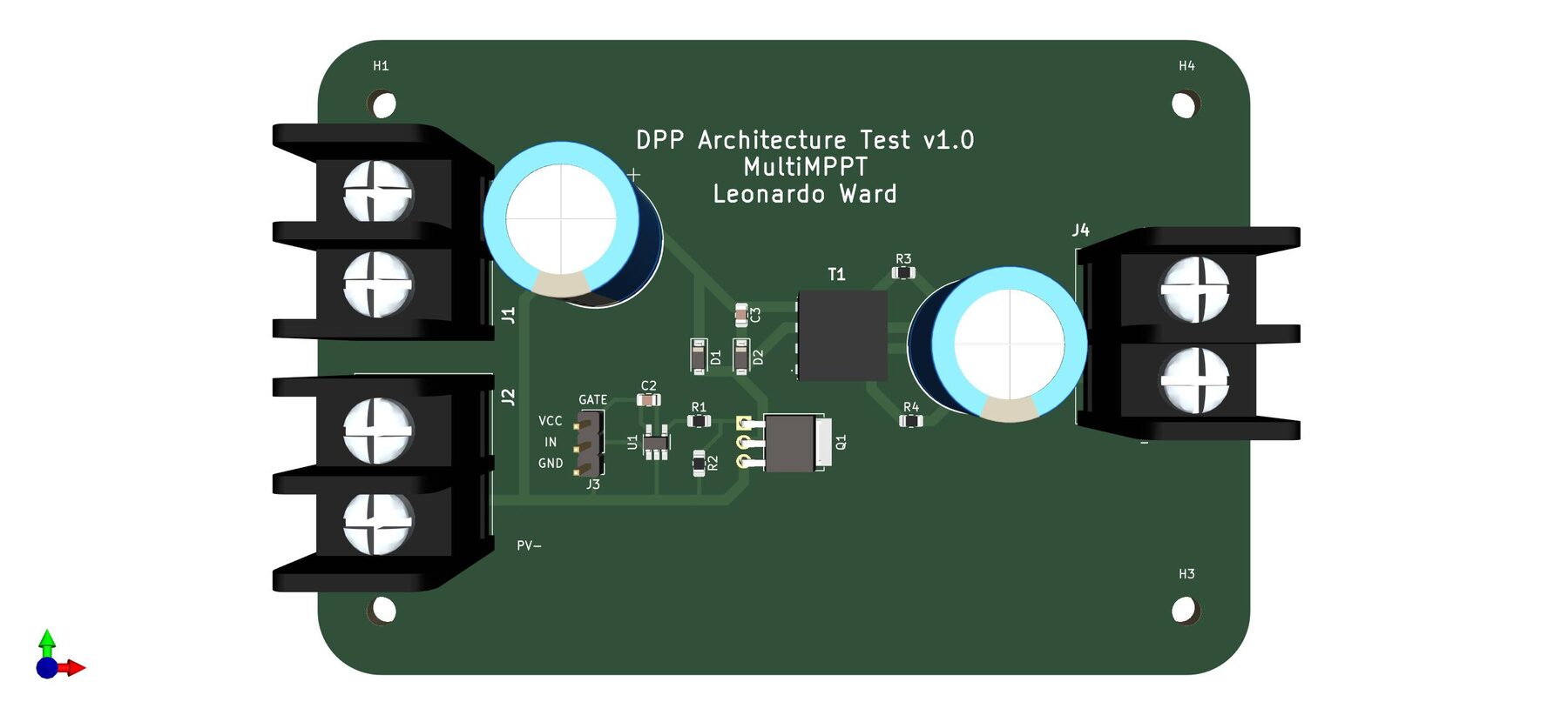 Top-down 3D render of the test board showing the two 2200 uF capacitors, the flyback transformer T1, the MOSFET Q1, the gate-driver U1 and the four barrier-block connectors