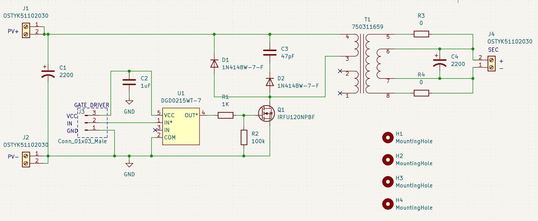 KiCad schematic: PV+ and PV- inputs with a 2200 uF input capacitor, a gate driver U1 fed from a 3-pin header J3, a MOSFET Q1 switching the primary of transformer T1, a snubber network of two 1N4148W diodes and a 47 pF capacitor, and a 2200 uF output capacitor on the isolated secondary feeding connector J4