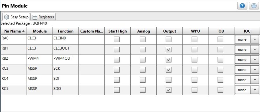 MPLAB Code Configurator Pin Module grid showing the CLC, PWM and MSSP pin selections