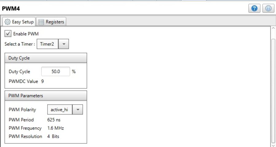 MPLAB Code Configurator PWM4 panel with a low duty cycle, timed from Timer2
