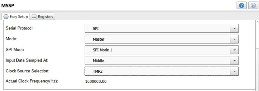 MPLAB Code Configurator MSSP panel: SPI, Master, Mode 1, clock source Timer2
