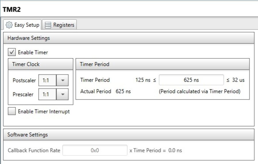 MPLAB Code Configurator Timer2 panel with a period register value of 4 and 1:1 prescale and postscale