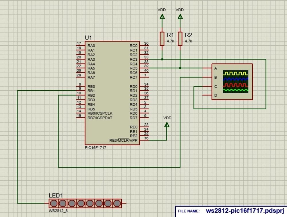 Proteus schematic: a PIC16F1717 driving an 8-pixel WS2812 strip from RB1, with a logic analyser probing the SPI and PWM pins