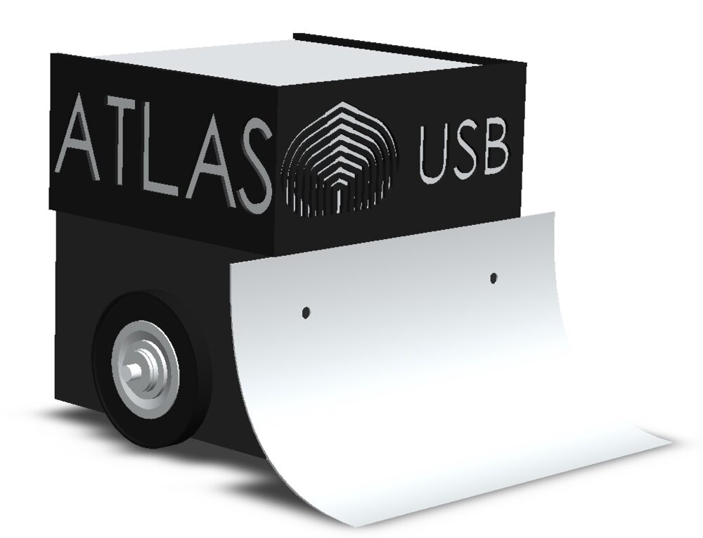 CAD render of the Atlas sumo robot: a compact box chassis on two drive wheels with a curved aluminium scoop blade at the front