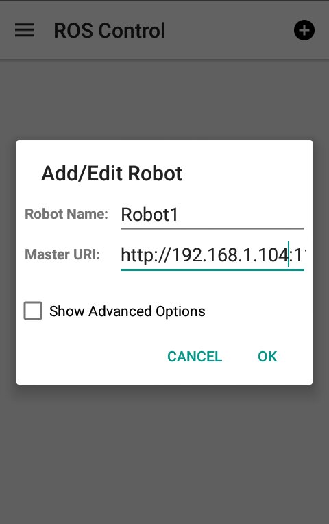 ROS Control app: the Add/Edit Robot dialog with a robot name and a Master URI pointing at a PC IP address