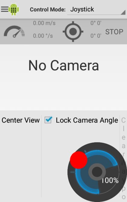 ROS Control app in Joystick mode, showing speed and heading readouts and a virtual joystick