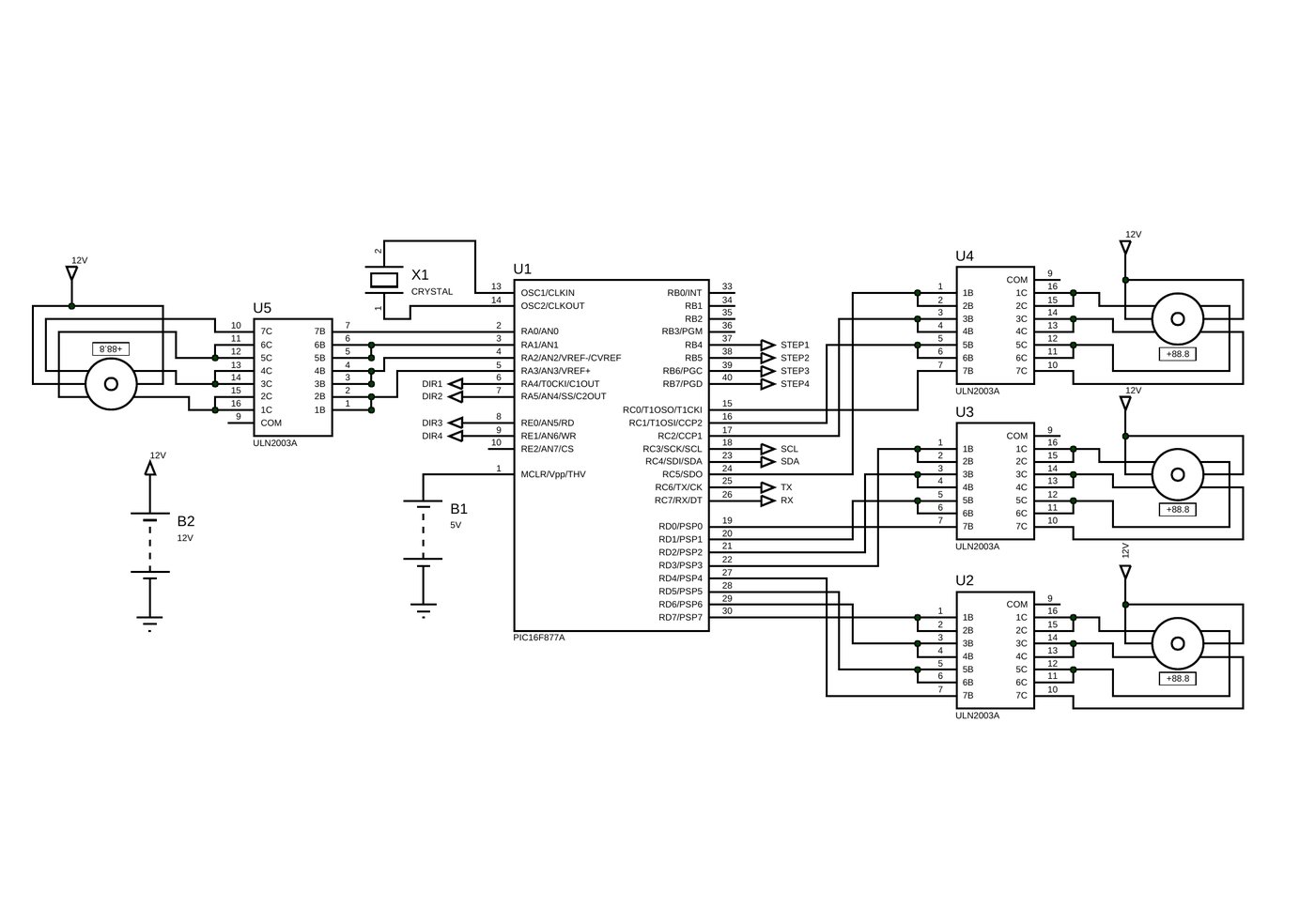Schematic of the motor driver board: a PIC16F877A driving ULN2003A Darlington arrays, communicating over I2C and serial to the Arduino