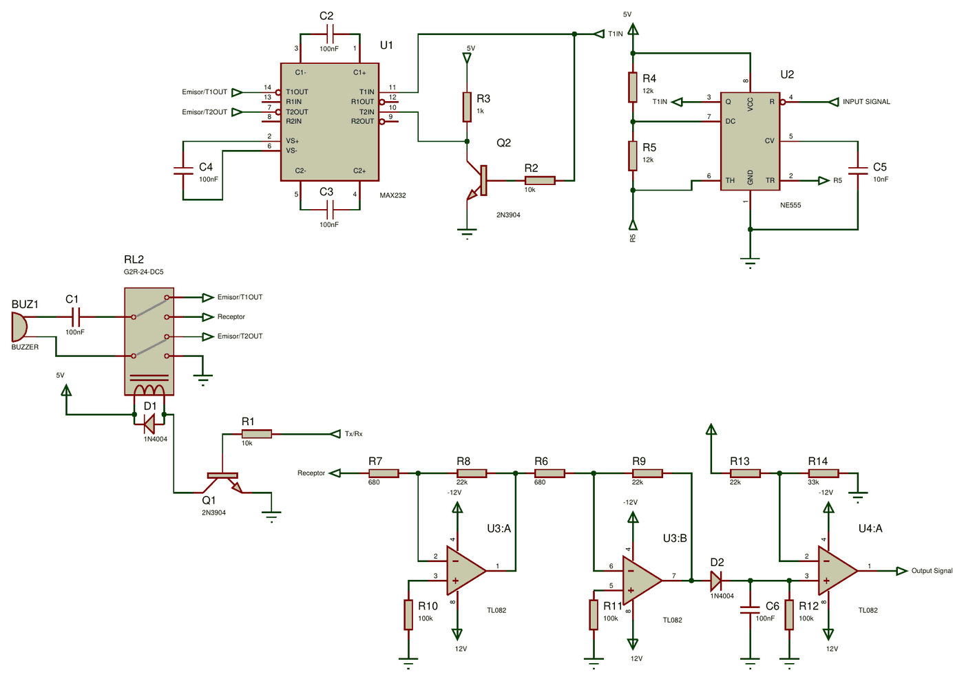 Schematic of the ultrasonic transceiver: a MAX232 and 2N3904 inverter driven by an NE555 at the top, a relay that switches the transducer between the emitter outputs and the receiver at left, and two TL082 amplifier stages, a diode peak detector and a TL082 comparator along the bottom